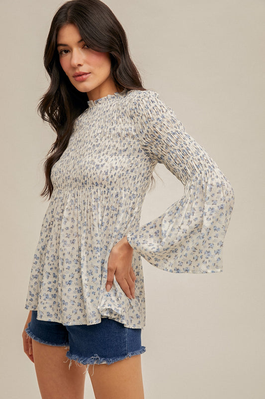 Smocked Floral Print Bell Sleeve Top