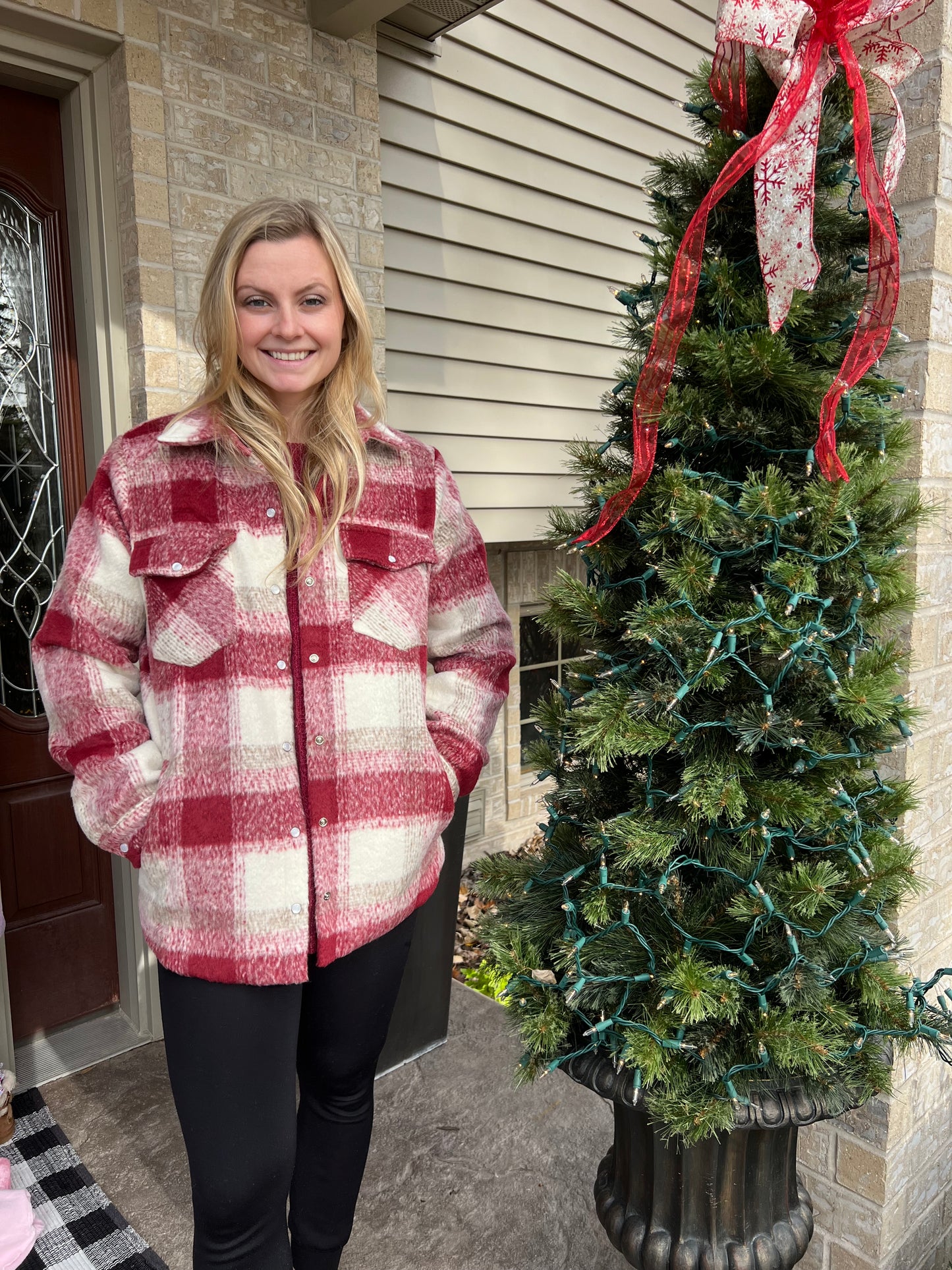 WINE BUTTON DOWN PLAID SHACKET