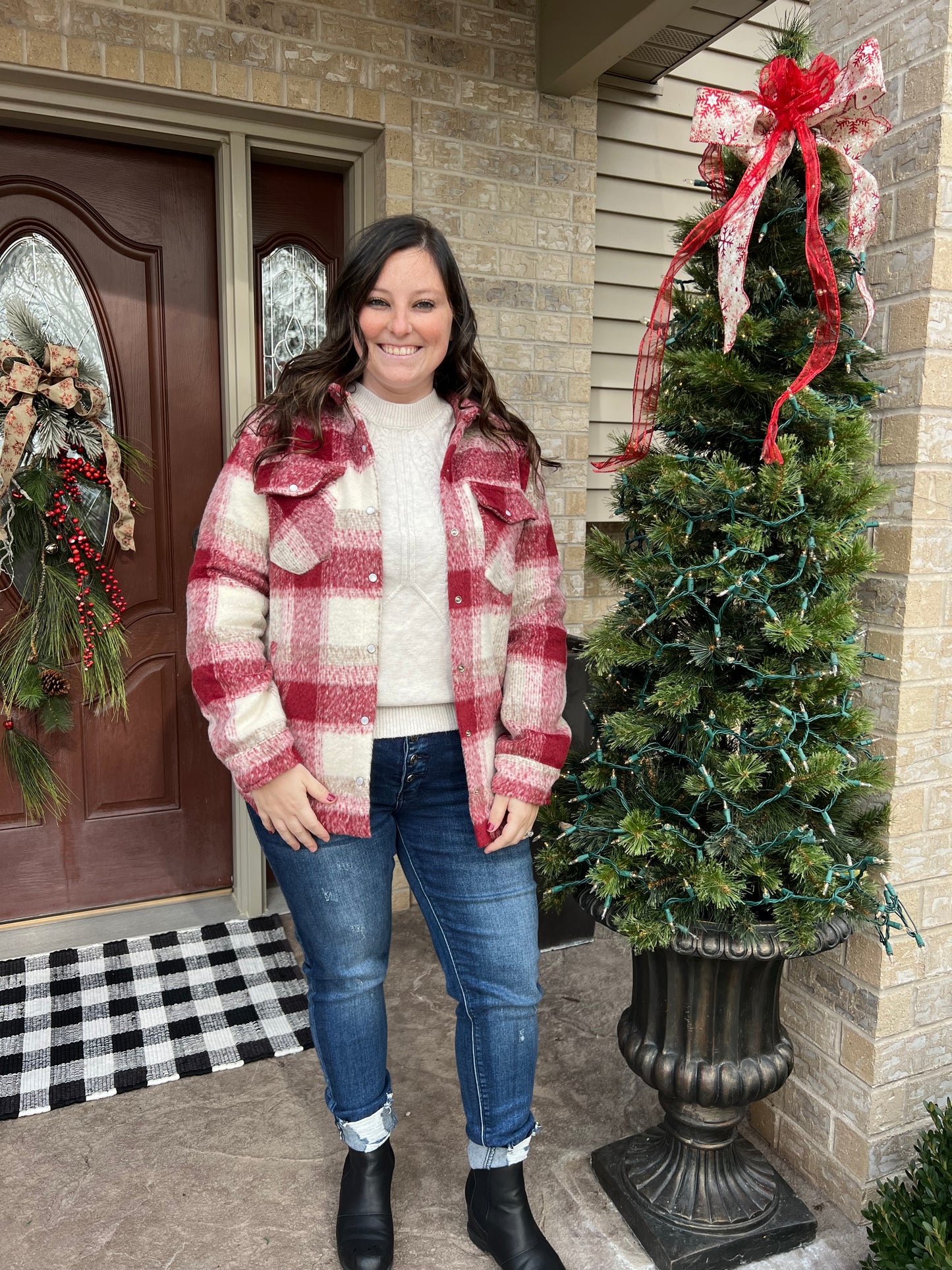 WINE BUTTON DOWN PLAID SHACKET