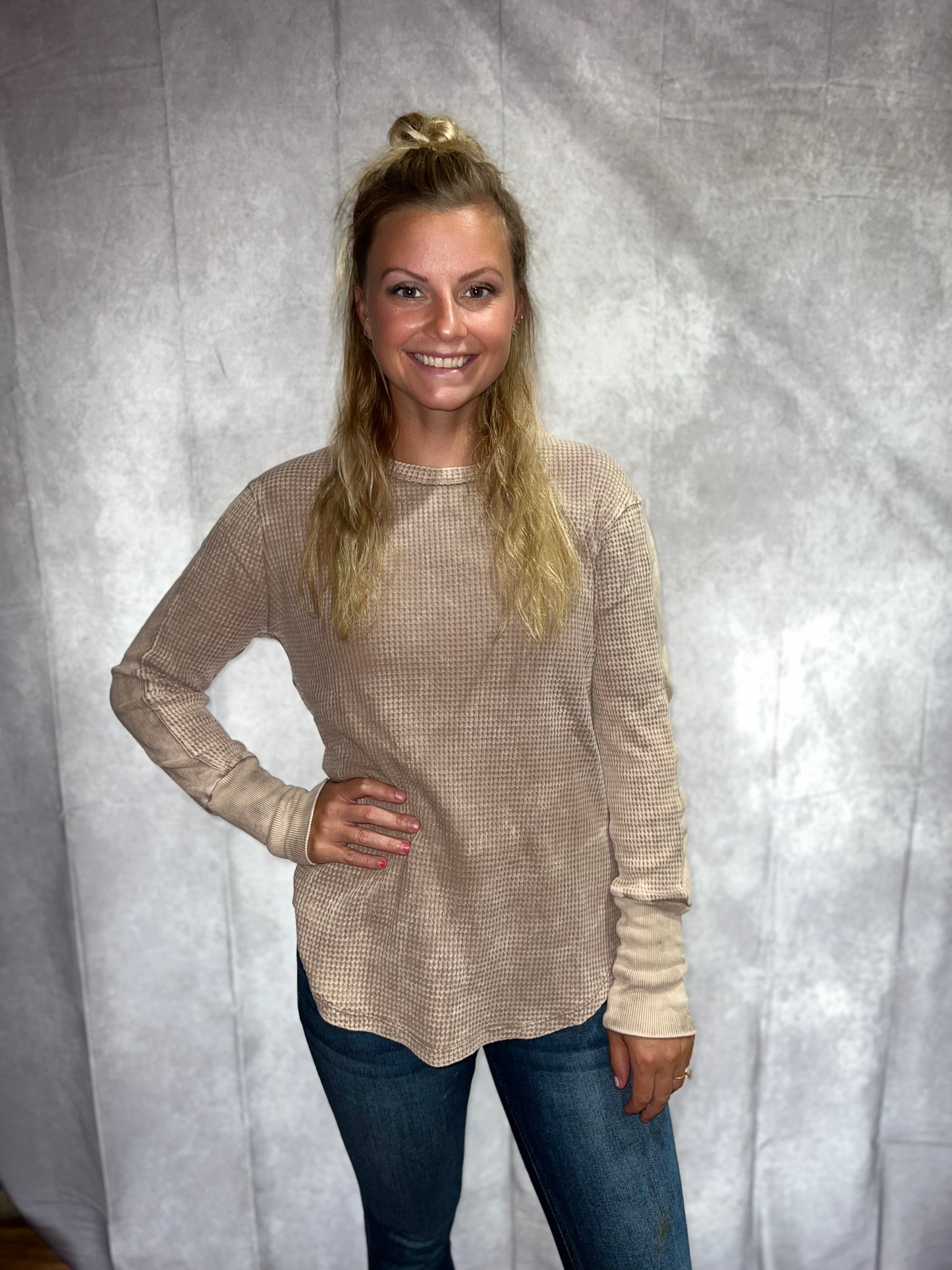 Washed waffle long sleeve top