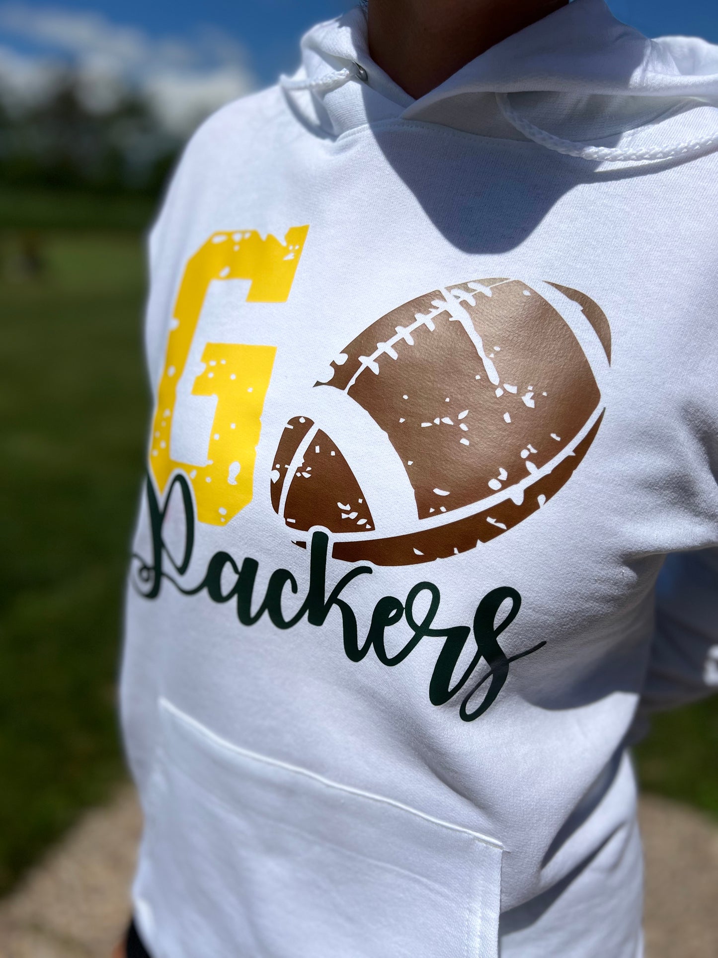 White hoodie with GO Packers logo