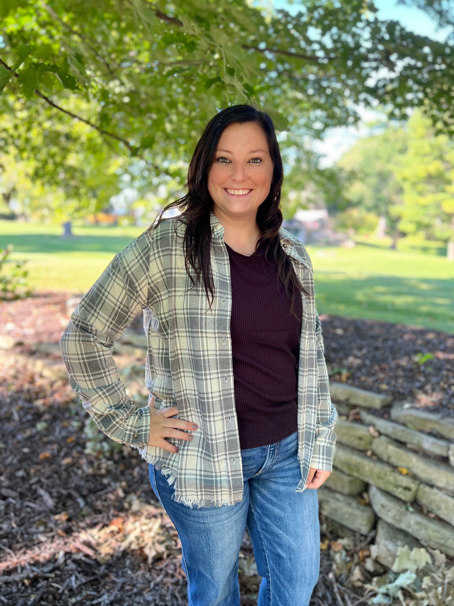 FRINGE HEM OVERSIZED PLAID BUTTON DOWN SHIRT