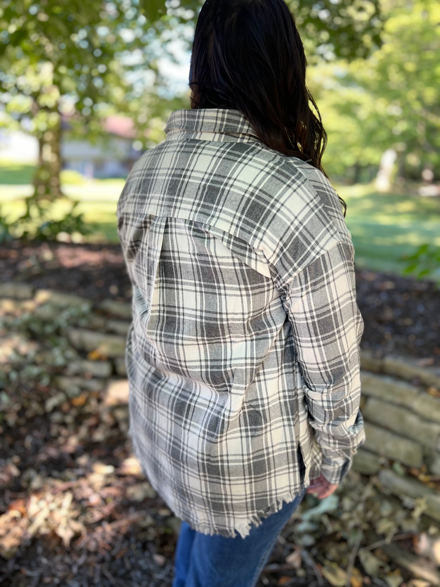 FRINGE HEM OVERSIZED PLAID BUTTON DOWN SHIRT