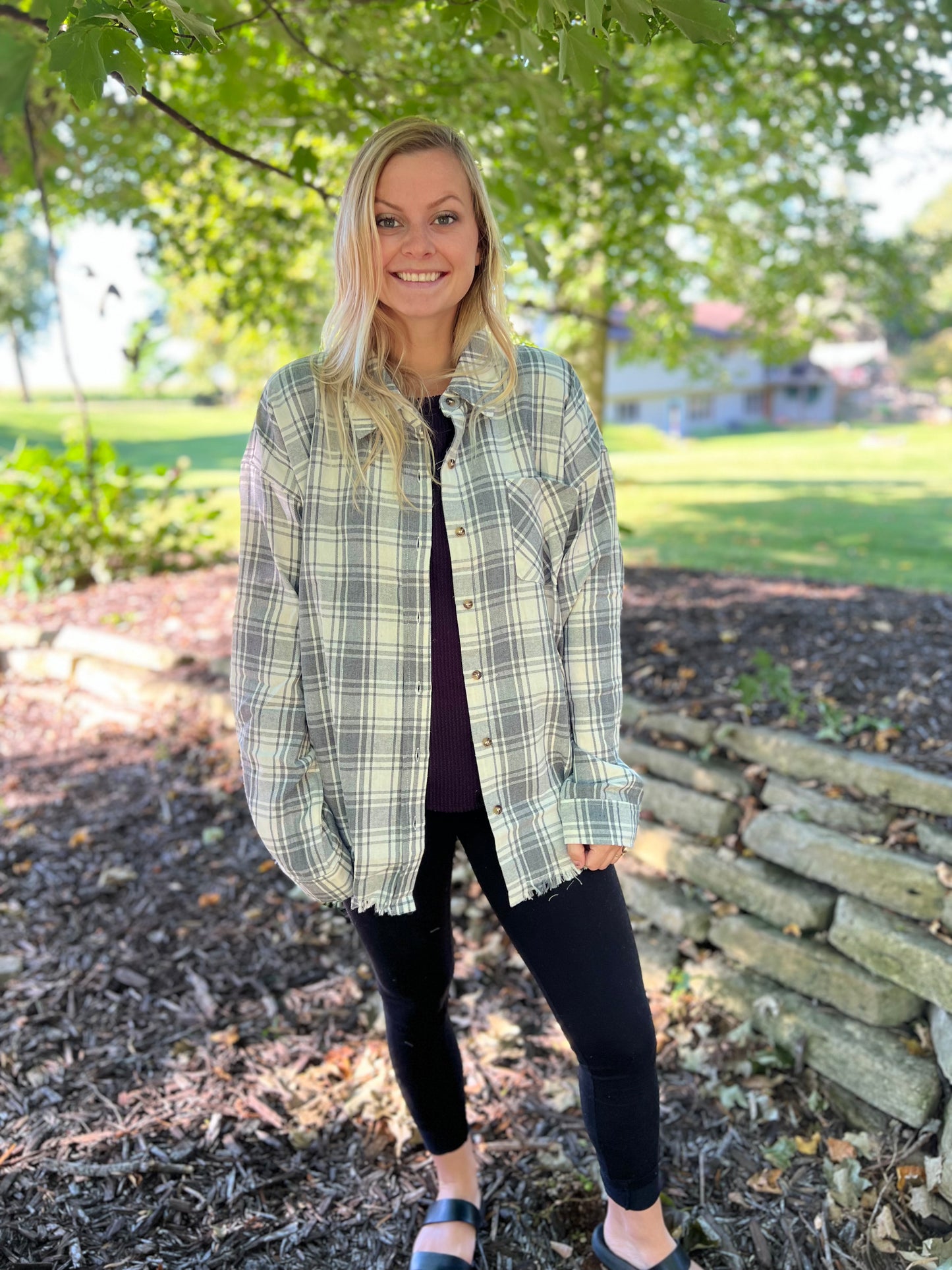 FRINGE HEM OVERSIZED PLAID BUTTON DOWN SHIRT