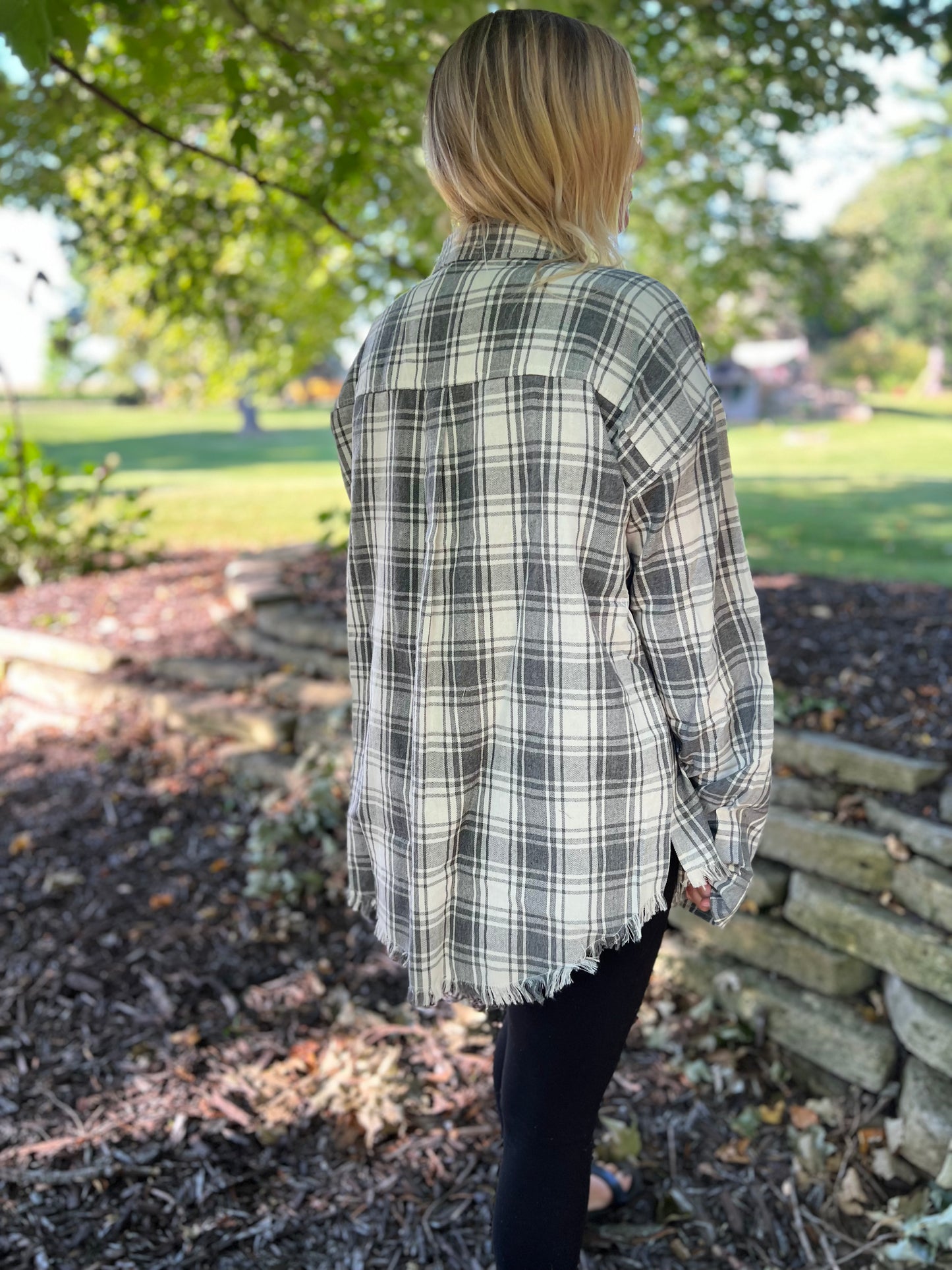 FRINGE HEM OVERSIZED PLAID BUTTON DOWN SHIRT