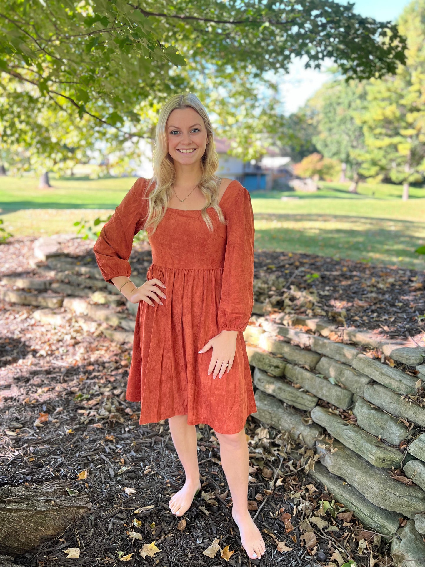 Suede Square Neck Puff Sleeve Dress