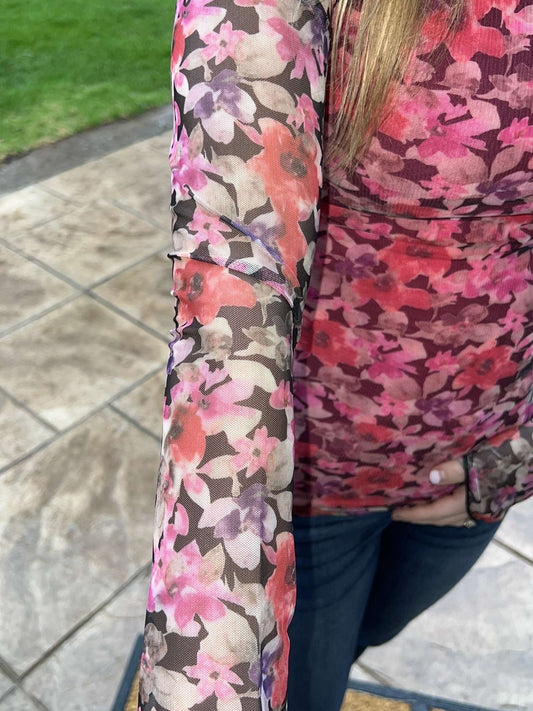 Floral Print Mesh High Neck Design Long Sleeve